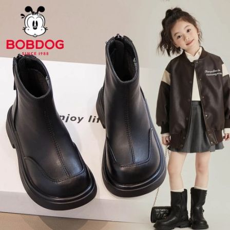 巴布豆女童马丁靴2025秋冬季新款儿童靴子防水宝宝加绒短靴小皮靴