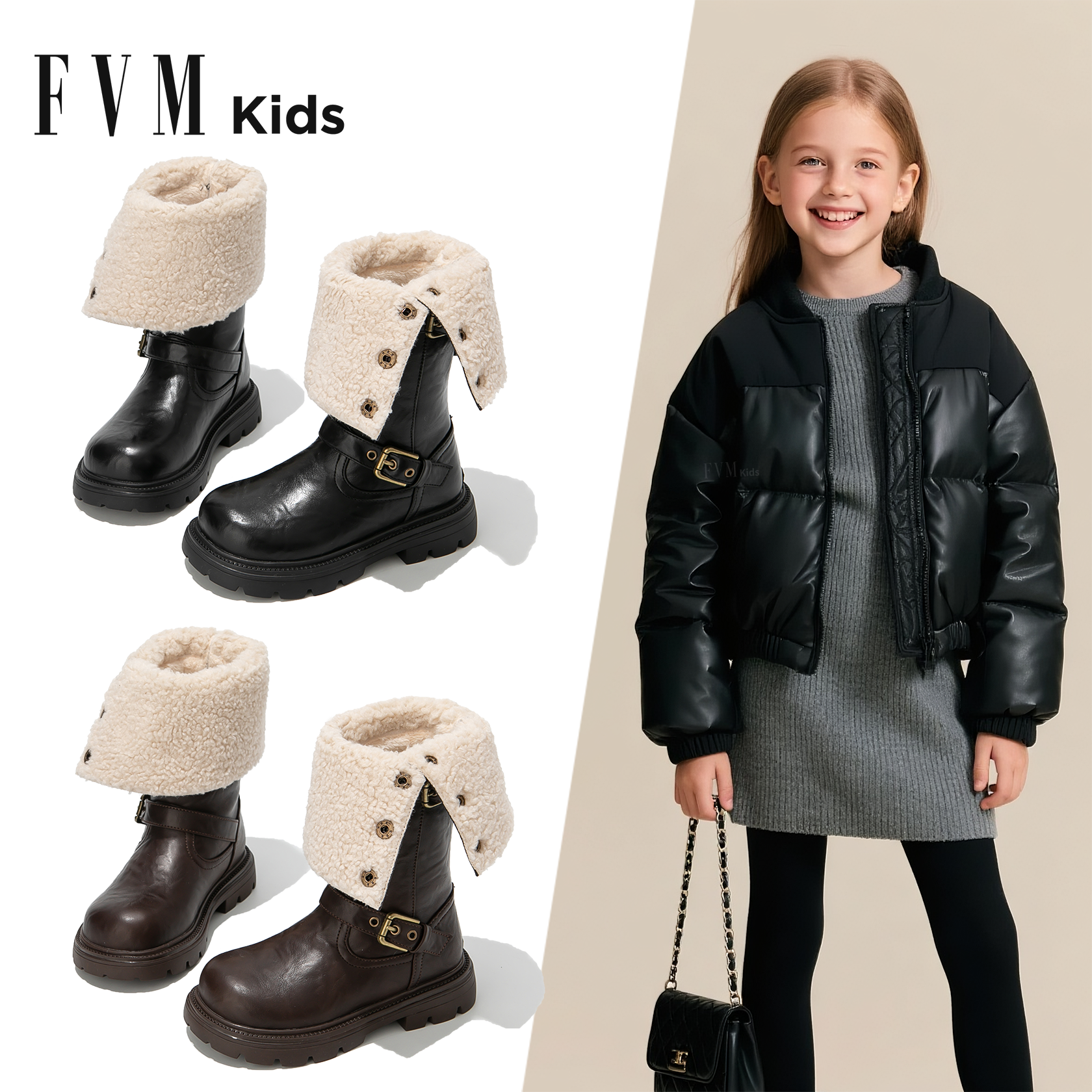 女童靴子儿童马丁长筒长靴2025新款秋冬季加绒加厚高筒皮靴雪地靴主图