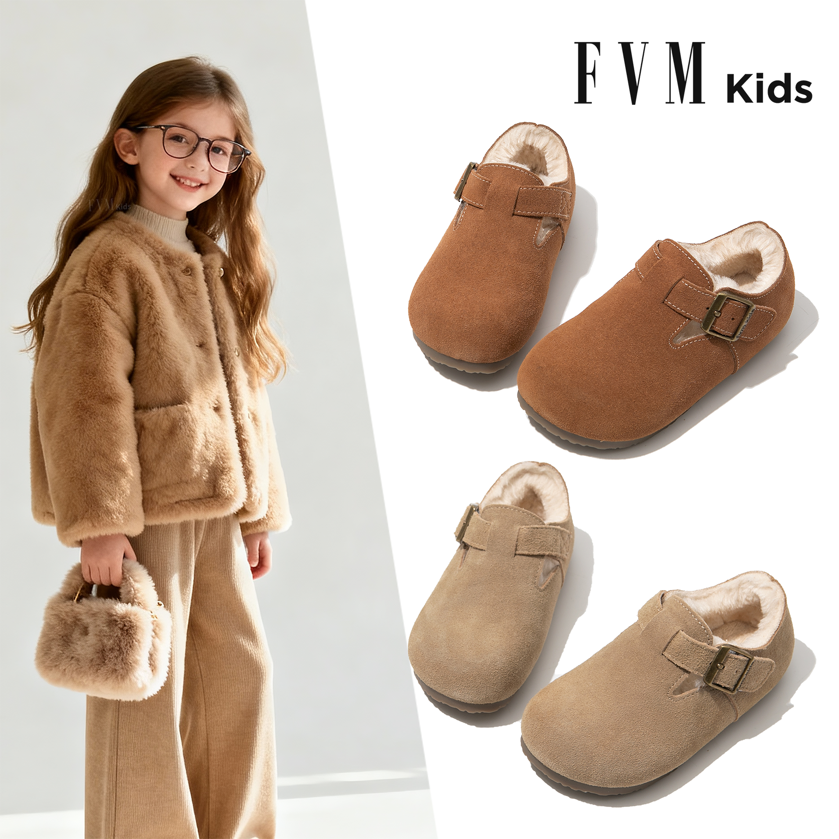 女童鞋子儿童大棉鞋2025新款冬季真皮勃肯加绒加厚雪地靴毛毛冬鞋主图