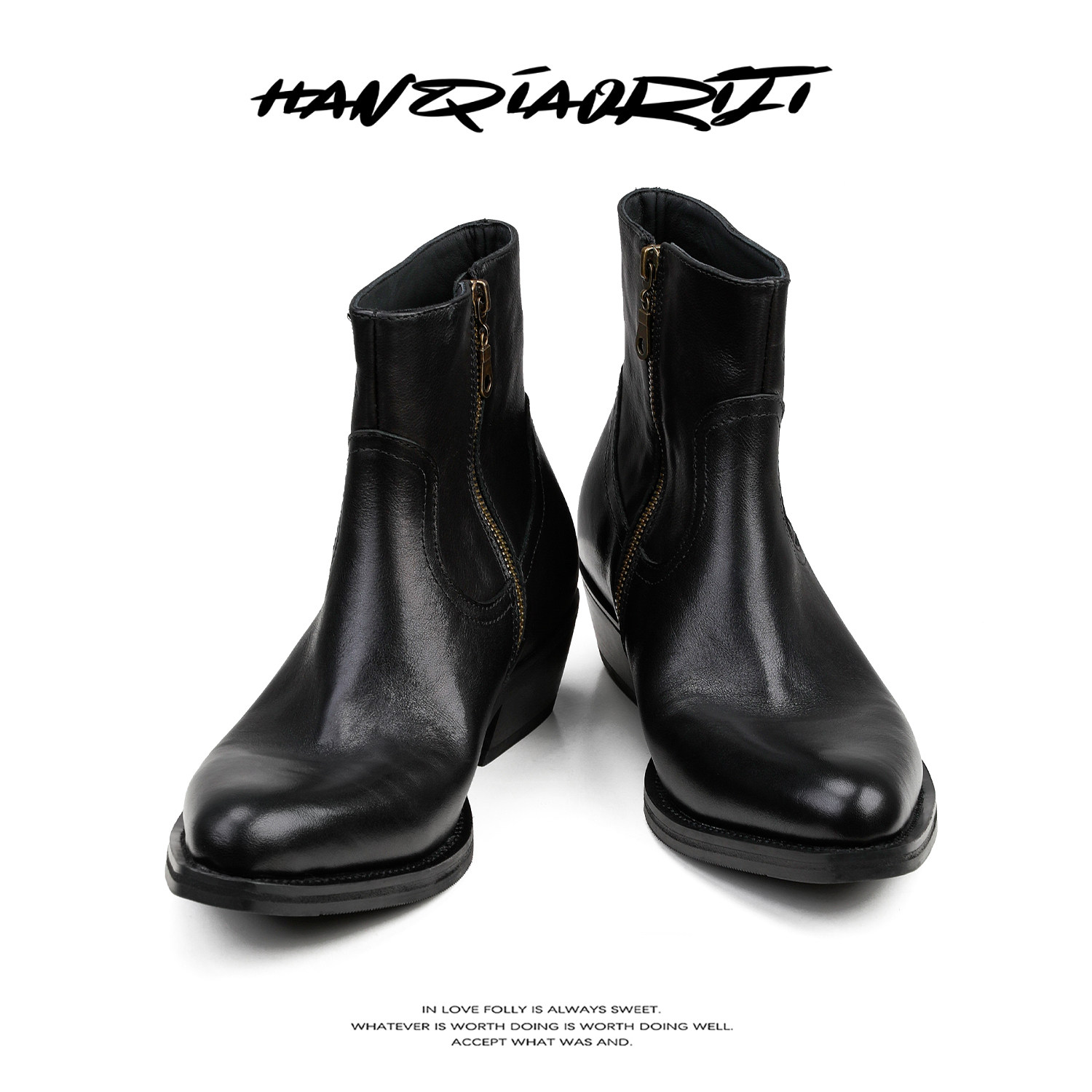 韩桥日记[重工系列]"花雕"植鞣小牛皮西部短靴男增高尖头切尔西靴主图