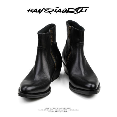 韩桥日记[重工系列]"花雕"植鞣小牛皮西部短靴男增高尖头切尔西靴