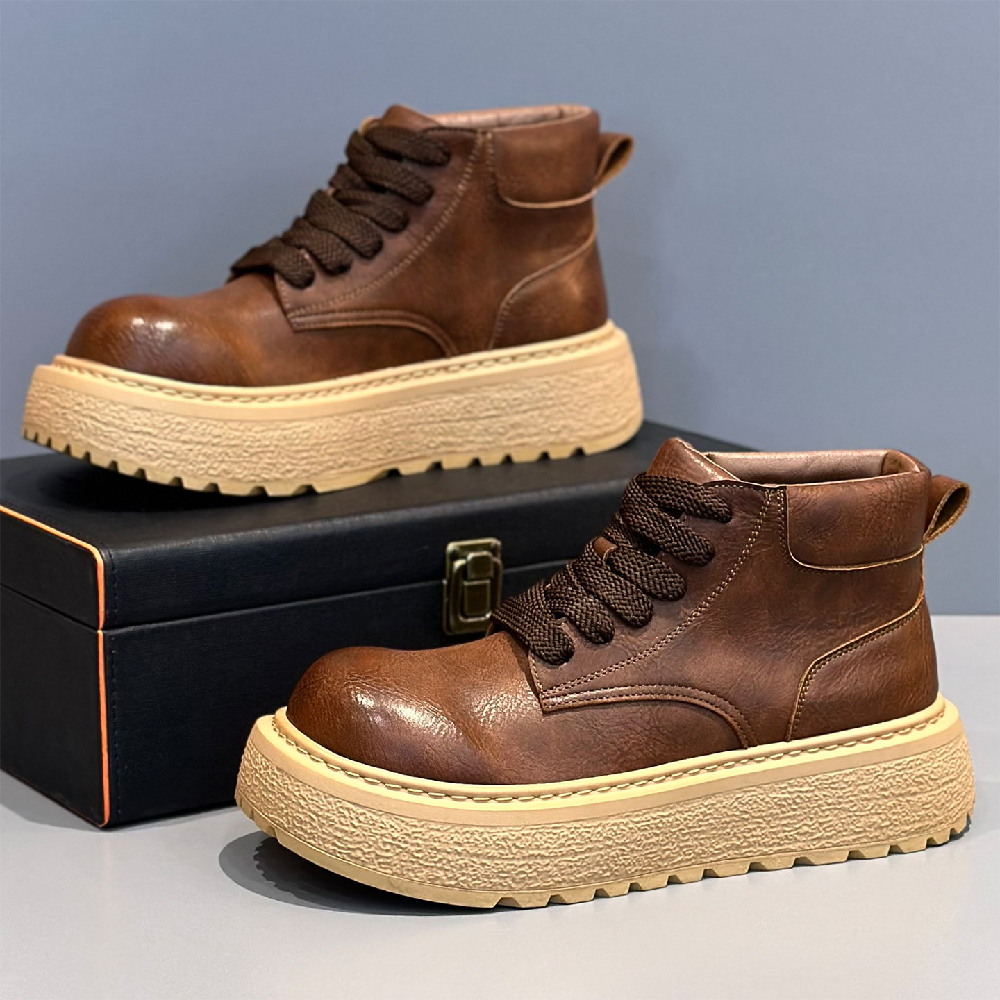 马丁靴男鞋中帮厚底德比鞋复古工装靴子冬季加绒棉鞋圆头大头皮鞋主图