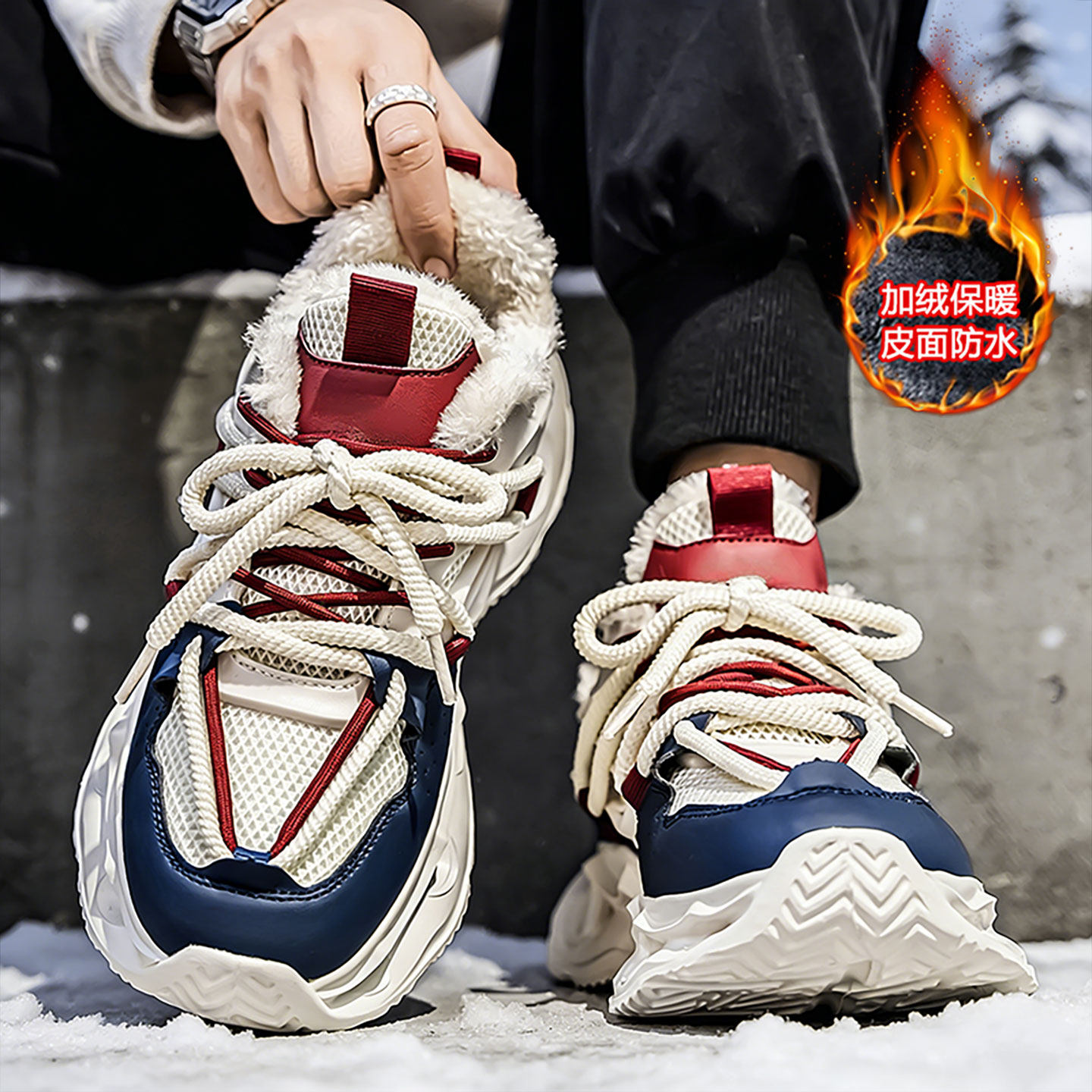 男士鞋子加绒保暖潮鞋青少年百搭学生时尚冬季防寒厚底增高老爹鞋主图