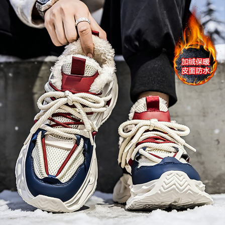 男士鞋子加绒保暖潮鞋青少年百搭学生时尚冬季防寒厚底增高老爹鞋