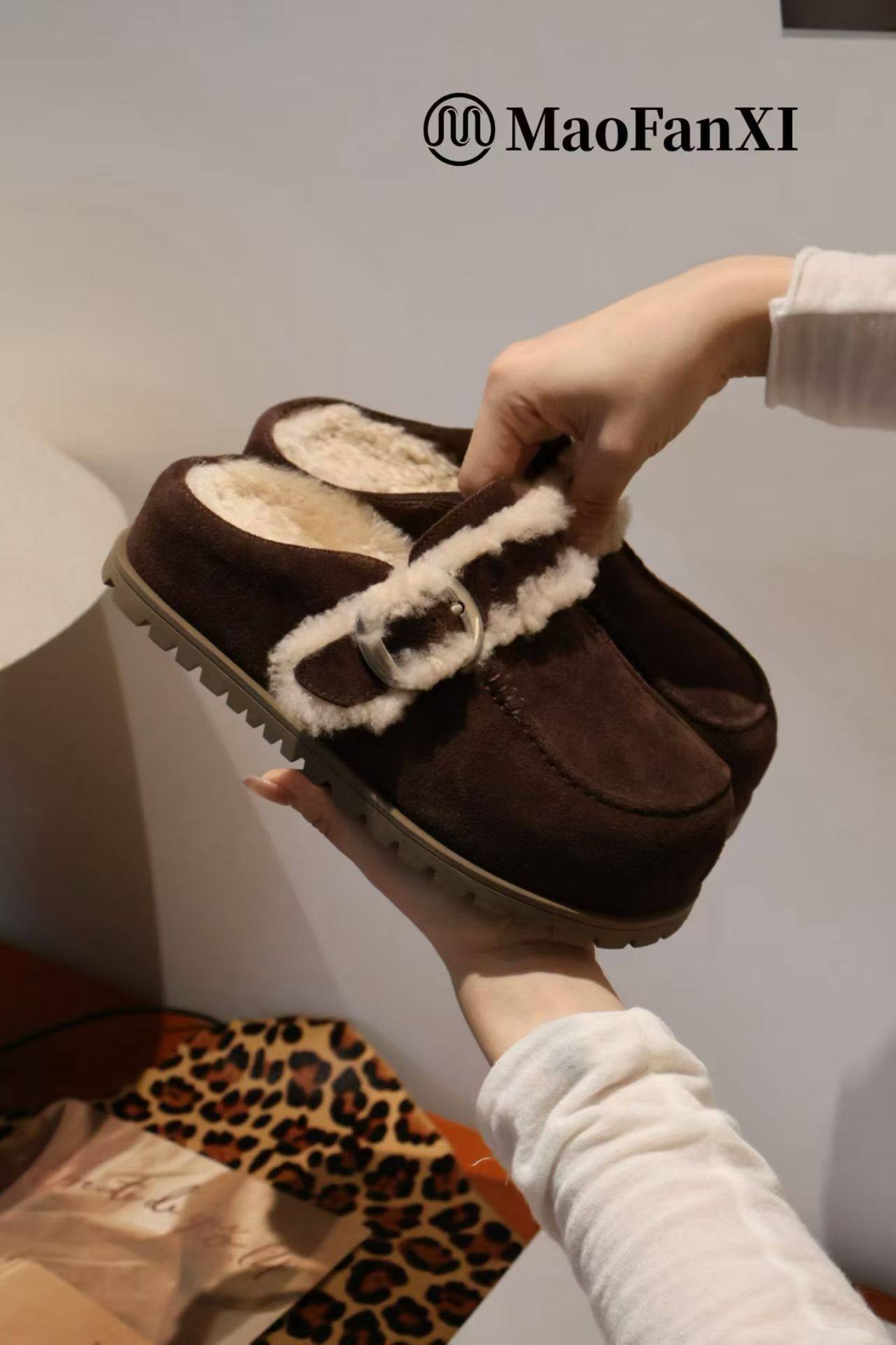 MFX 牛皮羊毛复古保暖毛毛勃肯毛毛包头半拖鞋加绒棉鞋80-036主图