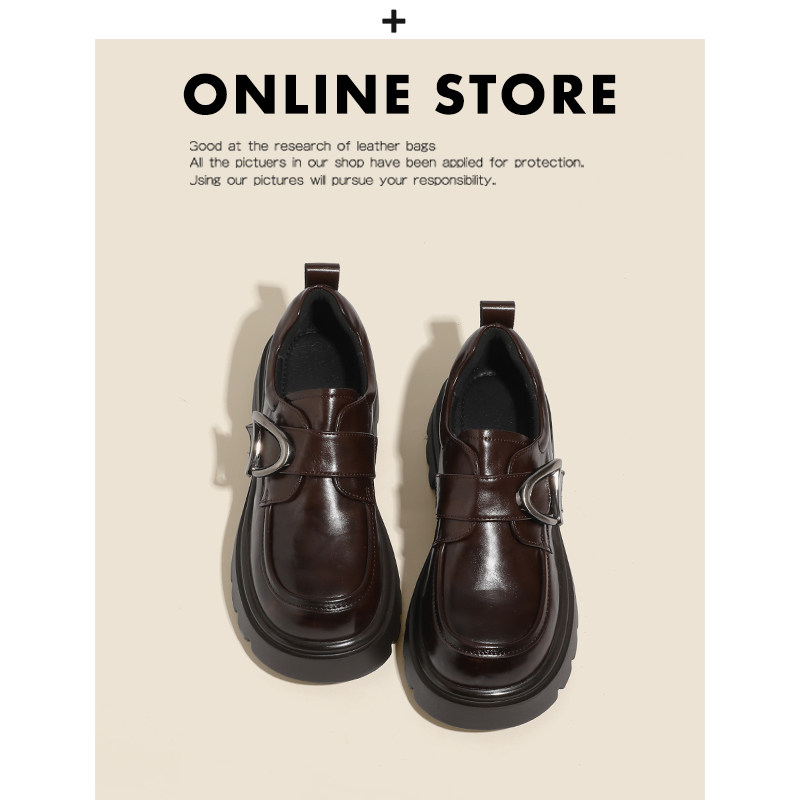 真皮！复古金属扣乐福鞋女厚底2025新款百搭一脚蹬英伦棕色小皮鞋主图