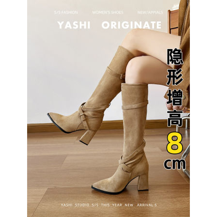 尖头不过膝堆堆靴子长筒靴女2025年秋冬季高跟弹力靴皮带扣骑行靴