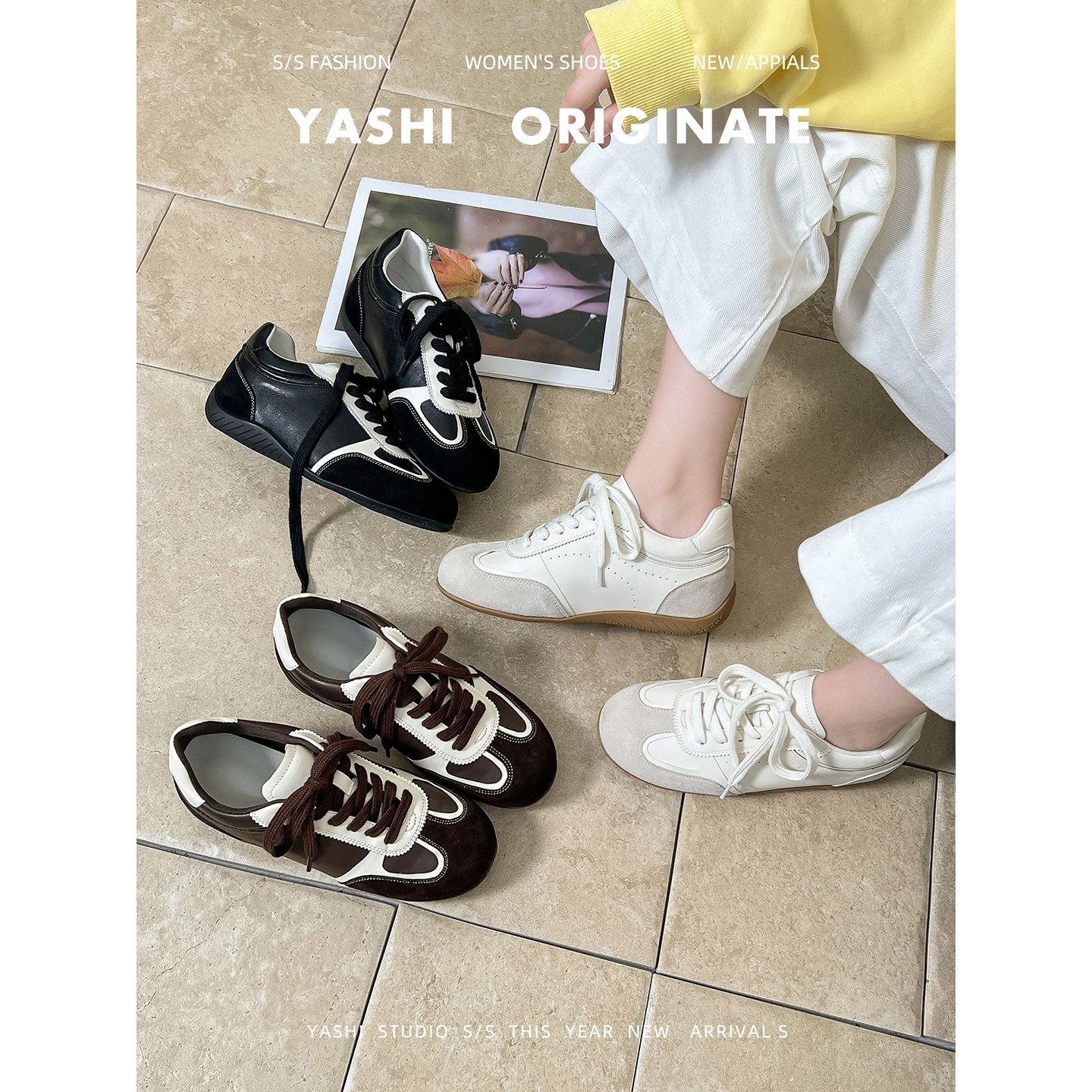 牛皮版~系带拼色内增高德训鞋女2025新款复古百搭阿甘鞋运动鞋女主图