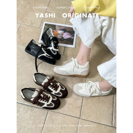 牛皮版~系带拼色内增高德训鞋女2025新款复古百搭阿甘鞋运动鞋女