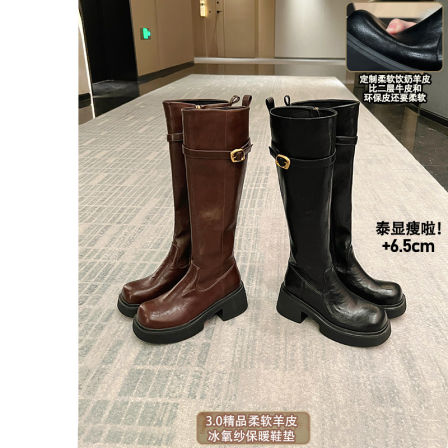 【柔软羊皮】大叔家真皮粗跟骑行靴女2025年新款冬显瘦英伦风长靴
