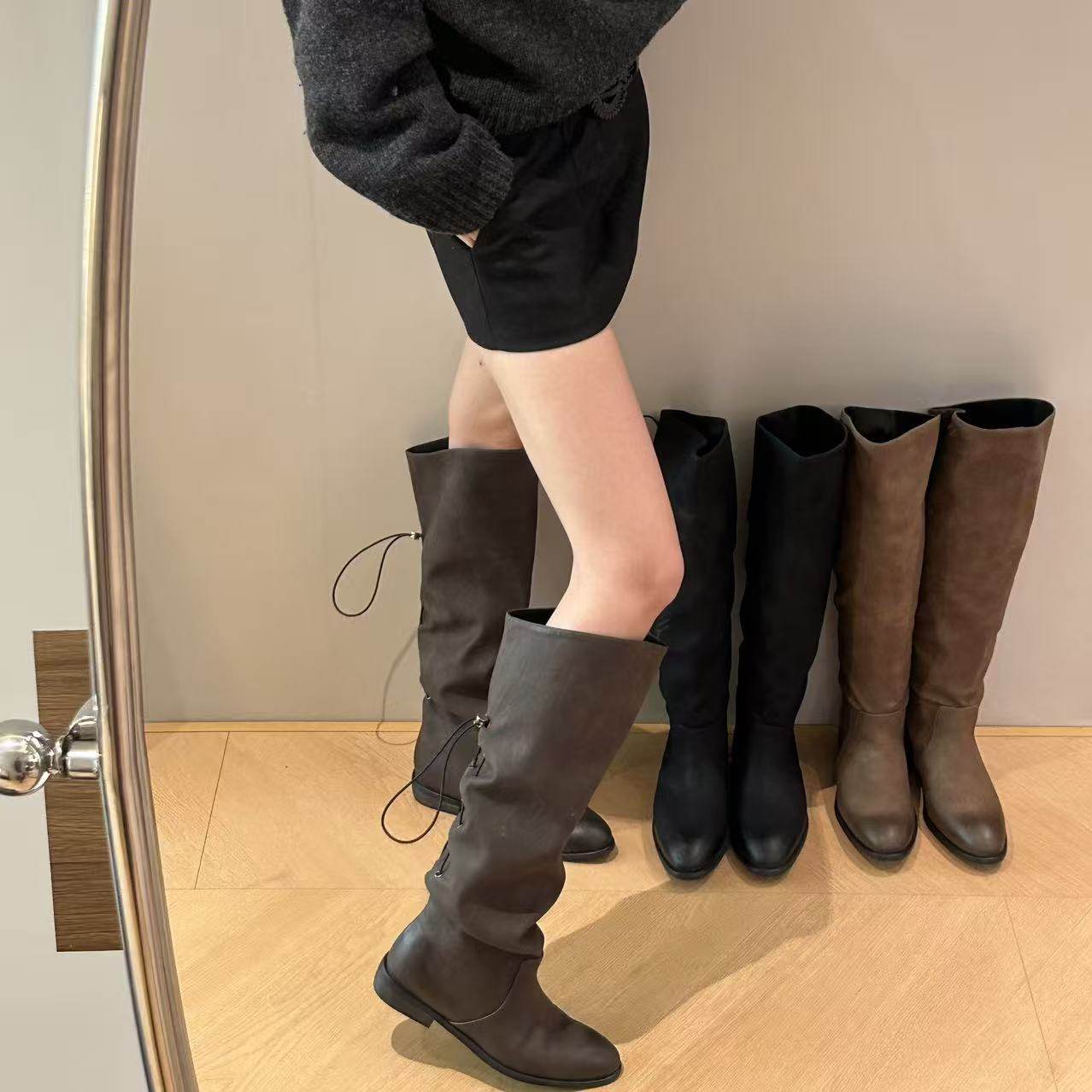 H55女鞋东京愈创木2025冬季新款百搭褶皱质感长筒靴尖头时装靴主图