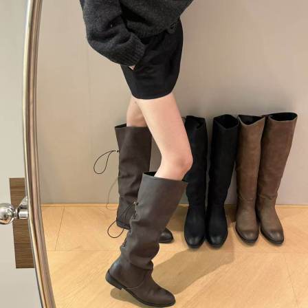 H55女鞋东京愈创木2025冬季新款百搭褶皱质感长筒靴尖头时装靴