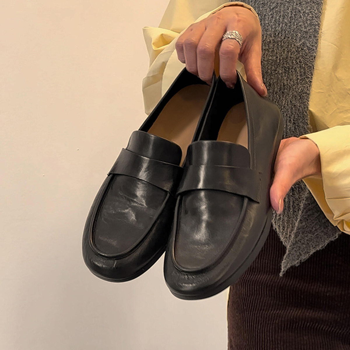 羊皮版~水洗复古舒适软皮平底乐福鞋女通勤简约百搭一脚蹬小皮鞋主图