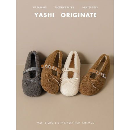 蝴蝶结内增高毛毛鞋2025年秋冬新款平底棉鞋一字带玛丽珍芭蕾鞋女