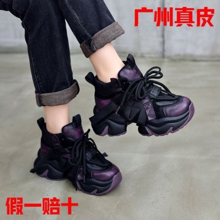 JWNM秋冬新款羊毛老爹鞋女松糕厚底复古真皮增高高帮休闲运动女鞋