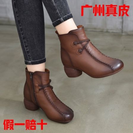 JWNM2025民族风羊毛靴女秋冬头层牛皮中粗跟妈妈棉靴外穿加绒短靴
