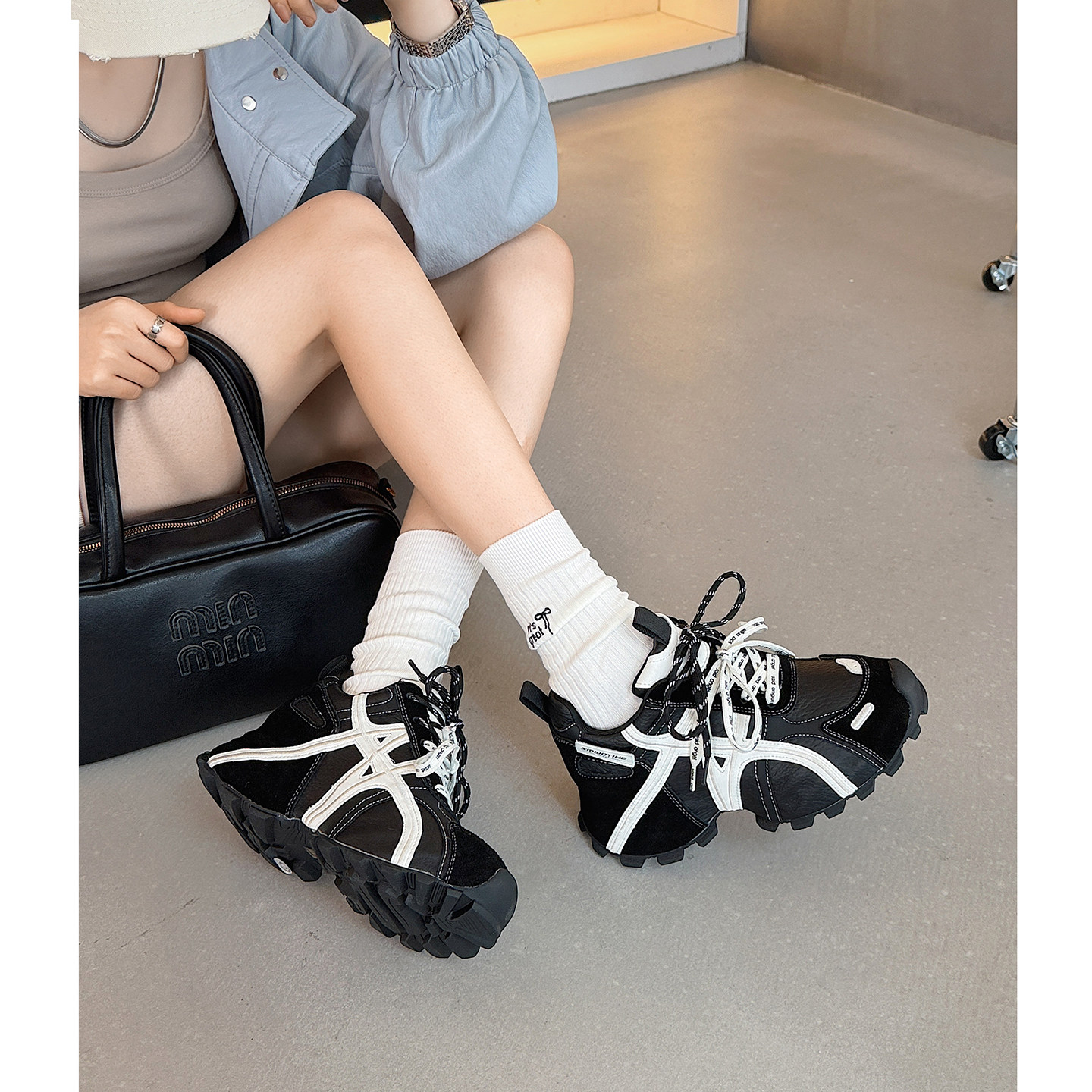 8CM内增高老爹鞋女鞋2025秋冬款真皮厚底黑武士休闲运动鞋德训鞋主图