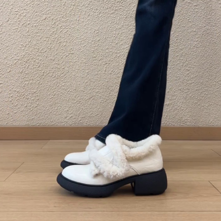 羊皮版~粗跟圆头冬季加绒保暖魔术贴小个子通勤外穿冬季新款单鞋