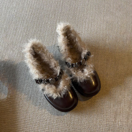 羊皮版~法式秋冬时尚金属扣一字带玛丽珍鞋女真皮复古保暖毛毛鞋