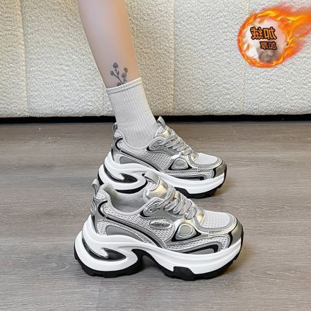 厚底加绒老爹鞋女2025冬季新款超火小个子增高银色运动休闲二棉鞋