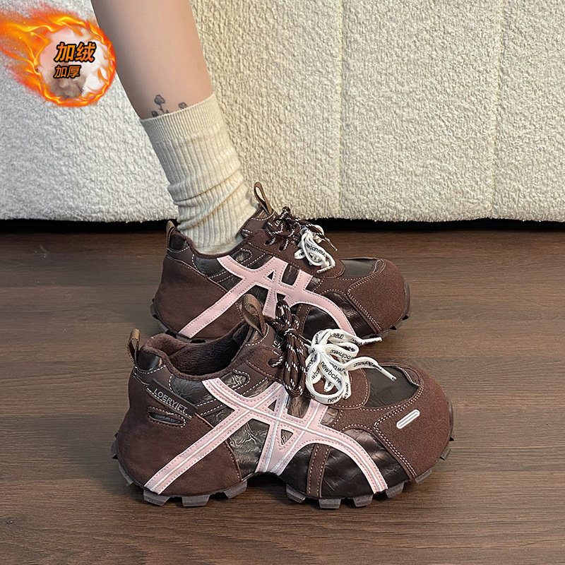 真皮老爹鞋女款2025新款冬季爆款百搭加绒休闲厚底增高运动二棉鞋主图