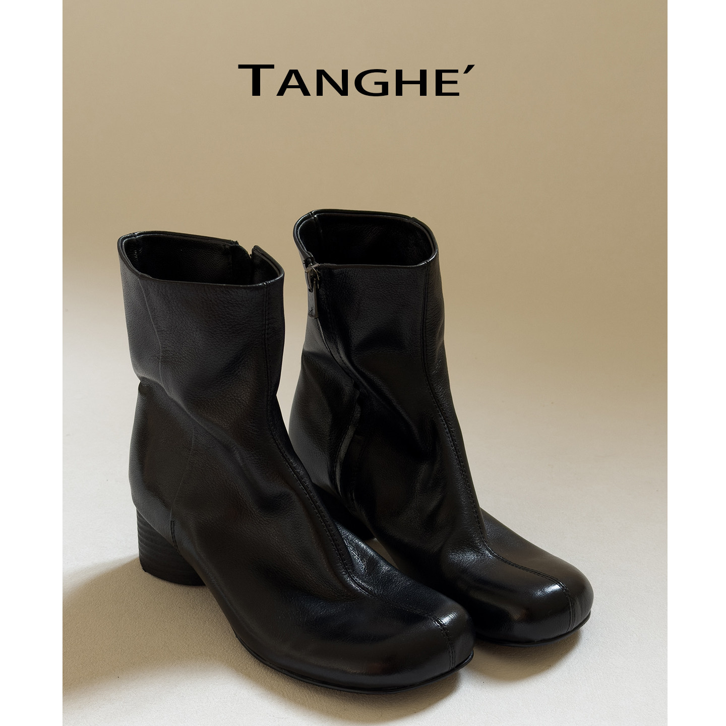 汤禾'曼恩高跟短靴女粗跟真皮马丁靴黑色靴子女鞋冬季方头瘦瘦靴主图