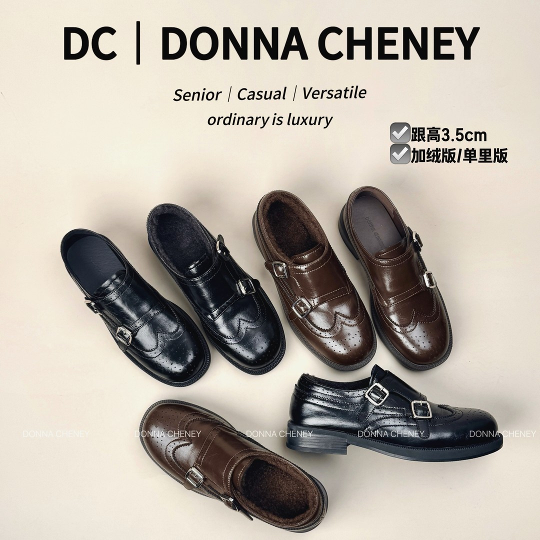 DONNA CHENEY真皮乐福鞋2025复古布洛克雕花一脚蹬加绒英伦风皮鞋主图
