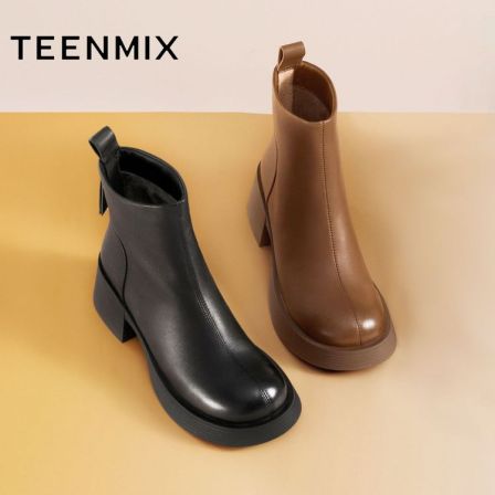 【奶皮靴】天美意2025冬新款商场同款粗跟潮流短靴女时装靴BL701DD5