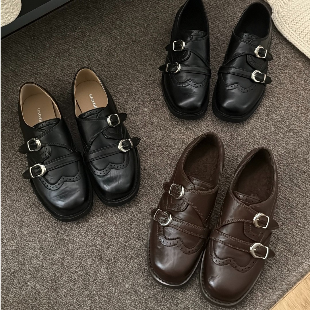 BAO/宝小姐秋冬季英伦风单鞋时尚百搭加绒保暖皮带扣乐福休闲鞋主图