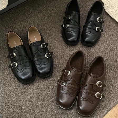 BAO/宝小姐秋冬季英伦风单鞋时尚百搭加绒保暖皮带扣乐福休闲鞋