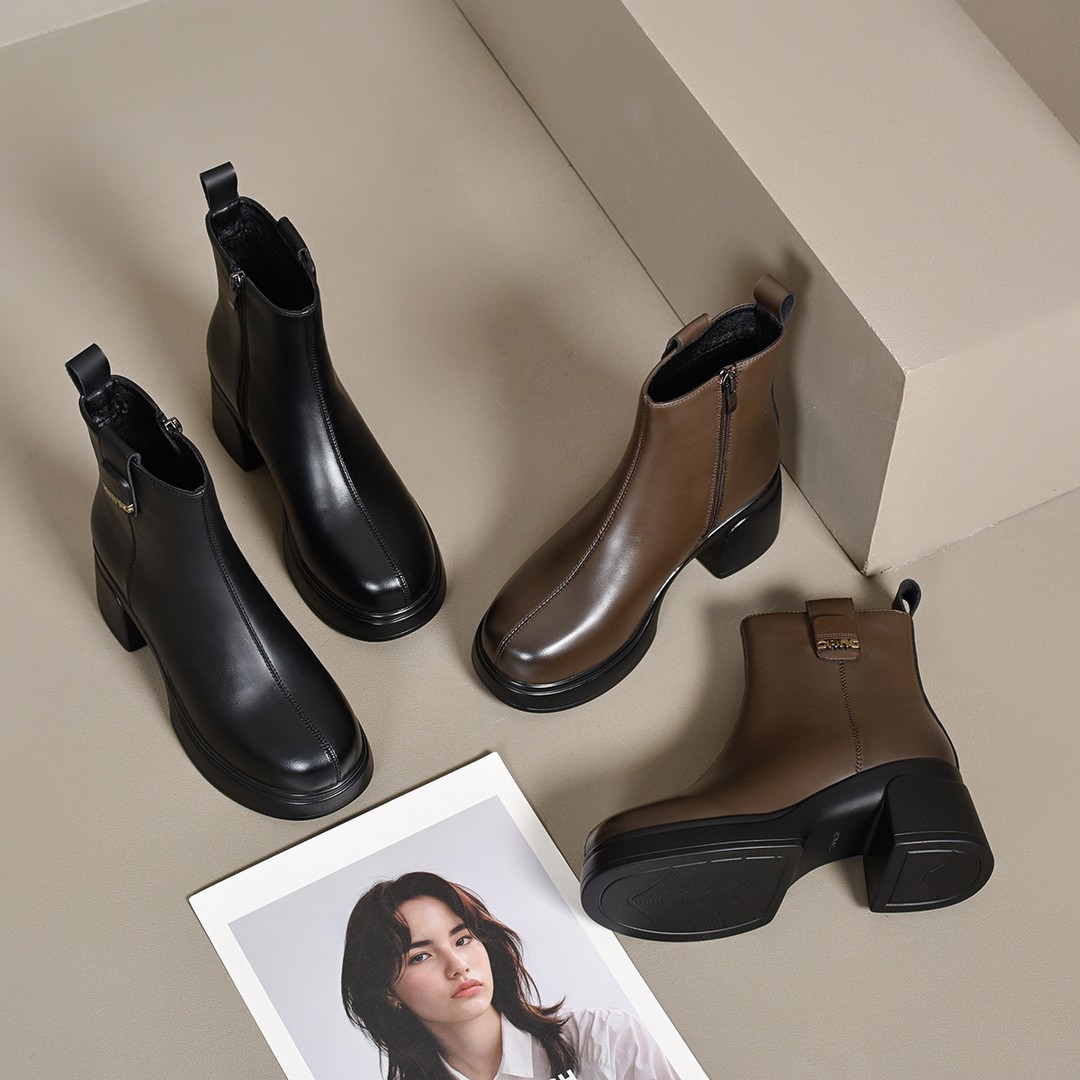 xizi/昔子1213短靴女粗跟增高秋冬靴子百搭防滑时尚防水拉链厚底主图