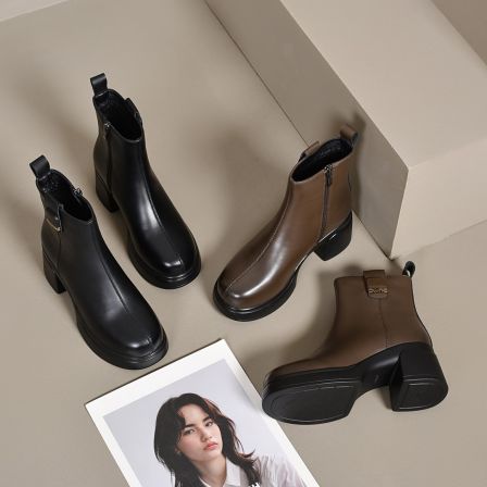 xizi/昔子1213短靴女粗跟增高秋冬靴子百搭防滑时尚防水拉链厚底