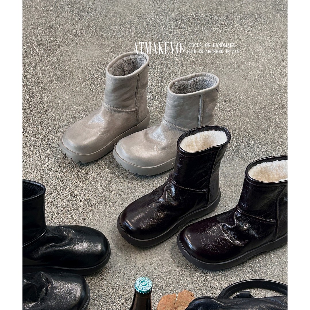 吕小布 | 复古雪地靴 羊皮毛一体保暖油蜡牛皮厚底短靴女0756主图