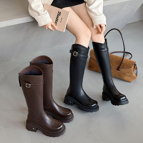 不过膝长靴女2025秋冬新款圆头厚底长筒高靴百搭加绒不掉筒骑士靴主图