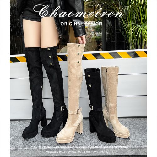 过膝靴女高跟2025秋冬季爆款洋气长筒粗跟高筒瘦瘦靴防水台时装靴主图