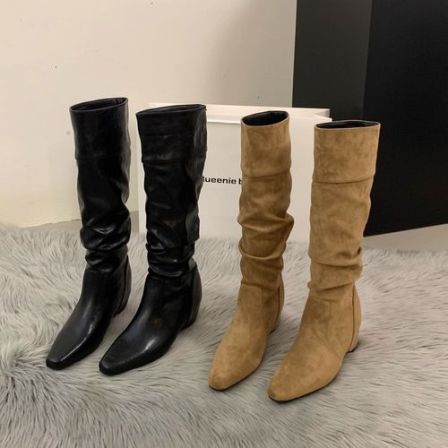 内增高黑色长筒堆堆靴女靴子2025秋冬季加绒瘦瘦高跟中筒骑士长靴
