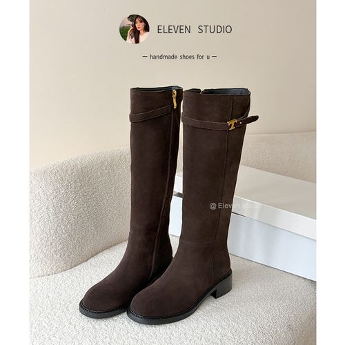 【王11】有加大筒围 秋冬复古牛皮金属扣显瘦骑士长靴 4CM/可遇主图