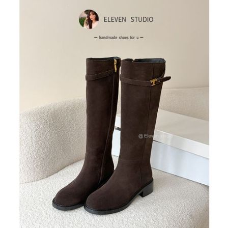 【王11】有加大筒围 秋冬复古牛皮金属扣显瘦骑士长靴 4CM/可遇