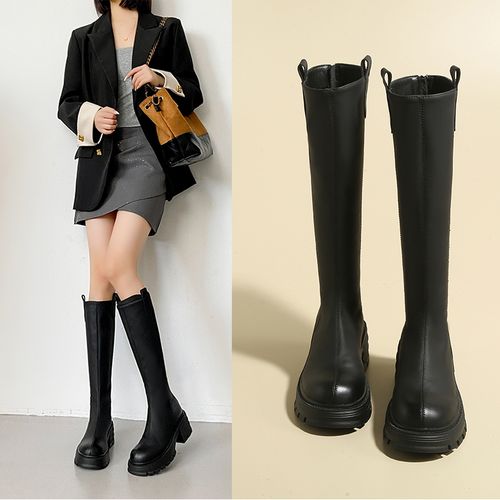 2025靴子女秋冬新款厚底黑色长筒靴平口百搭显瘦长靴增高弹力靴子主图