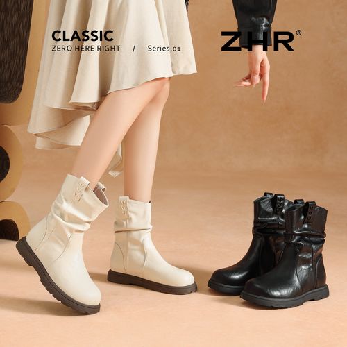 ZHR/则则堆堆靴女鞋秋冬新加绒保暖平底英伦风休闲百搭时装短靴Z主图