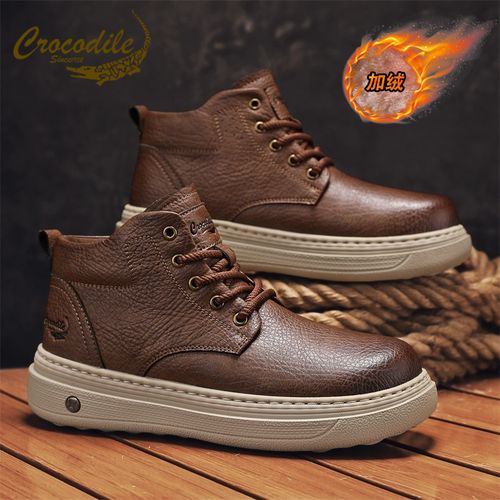鳄鱼恤马丁靴男冬季加绒棉鞋中帮英伦风皮靴耐磨防滑防寒真皮男靴主图
