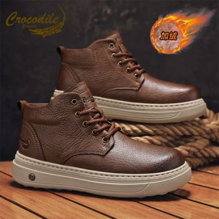 鳄鱼恤马丁靴男冬季加绒棉鞋中帮英伦风皮靴耐磨防滑防寒真皮男靴