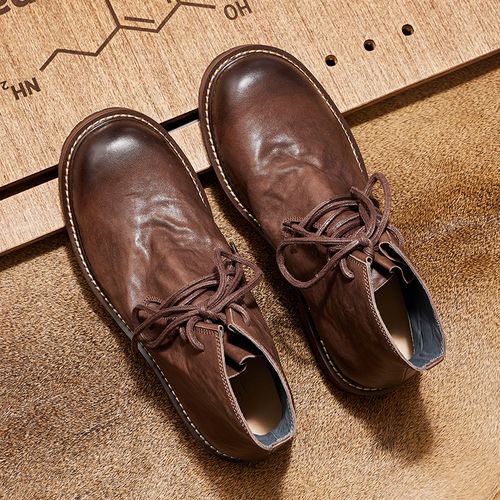 冬季加绒牛皮马丁靴男士复古沙漠靴高帮真皮英伦风圆头休闲工装靴主图