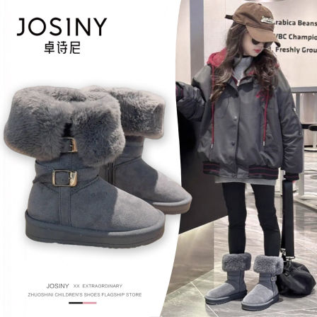 卓诗尼女童雪地靴冬季新款小女孩加绒加厚东北棉靴儿童中筒毛毛靴