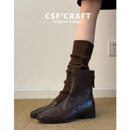 牛皮版~真皮气质方头低跟瘦瘦靴女复古通勤百搭后拉链短靴马丁靴