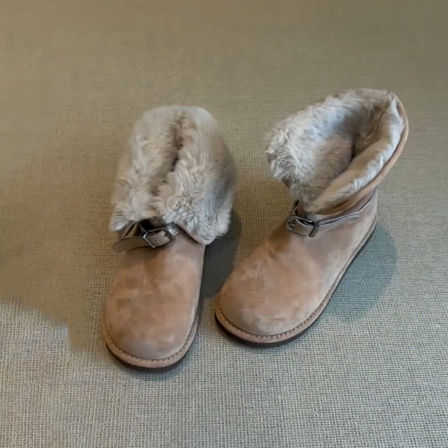 牛皮版~冬季氛围感时髦雪地靴女皮带扣两穿加绒加厚平底时髦棉靴