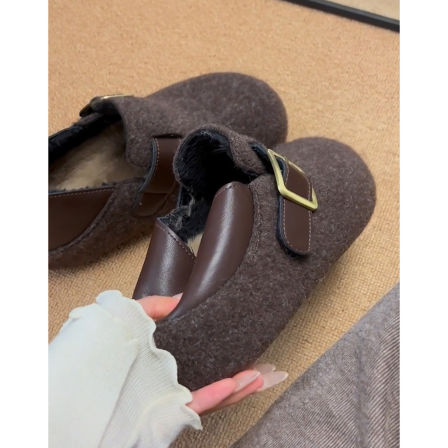 内增高两穿毛呢勃肯鞋女2025新款冬季新款百搭加绒保暖厚底棉鞋子