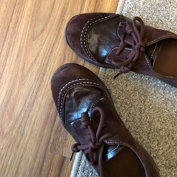 羊皮版~复古真皮深口通勤厚底小皮鞋女真皮拼接暴走舒适乐福鞋潮主图