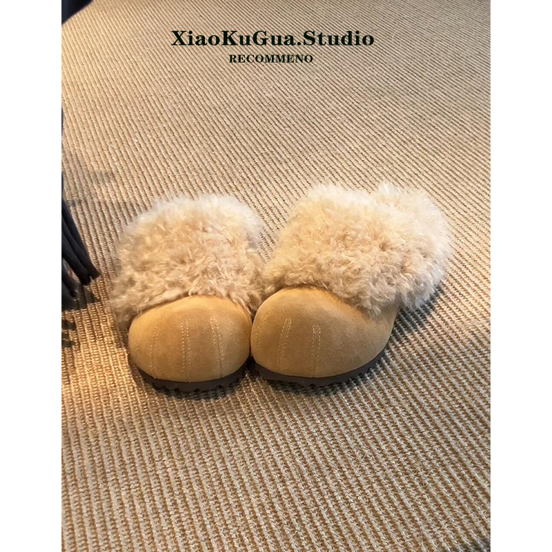 复古内增高包头拖鞋女2025新款冬季一脚蹬毛毛勃肯鞋加绒保暖棉鞋主图