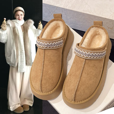 低帮厚底雪地靴半拖女冬外穿2025新款孕妇加绒加厚保暖勃肯棉拖鞋